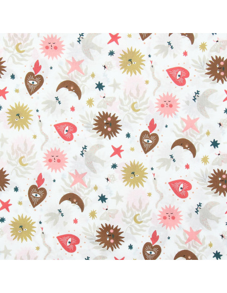 Cotton poplin fabric - Mystia white and coral