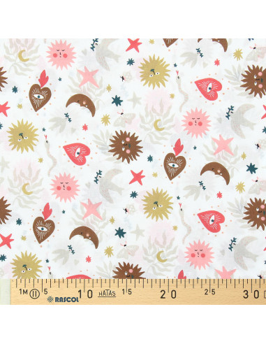 Cotton poplin fabric - Mystia white and coral