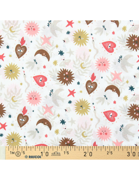 Cotton poplin fabric - Mystia white and coral