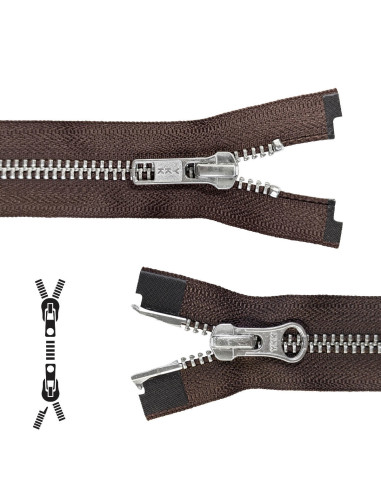 80 cm separable metal zipper - Brown with silver mesh