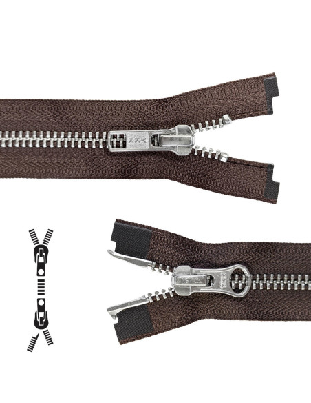 80 cm separable metal zipper - Brown with silver mesh
