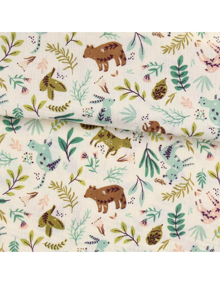 Double gauze fabric printed - Anifolk ecru and green