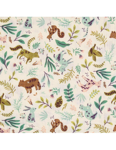 Double gauze fabric printed - Anifolk ecru and green