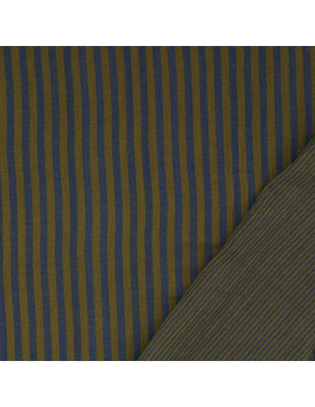 Crinkled double gauze fabric with stripes - Bronze and cobalt