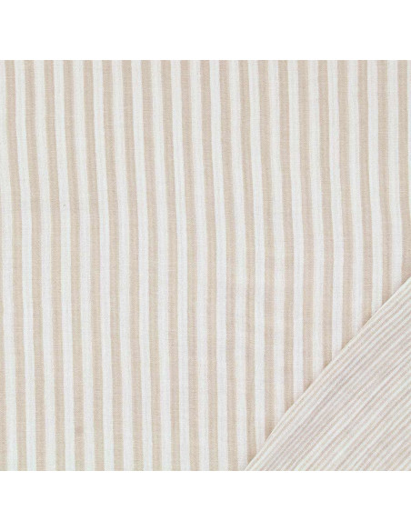 Crinkled double gauze fabric with stripes - Pebble and off-white
