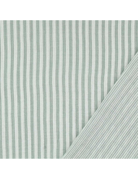 Crinkled double gauze fabric with stripes - Verdigris and off-white