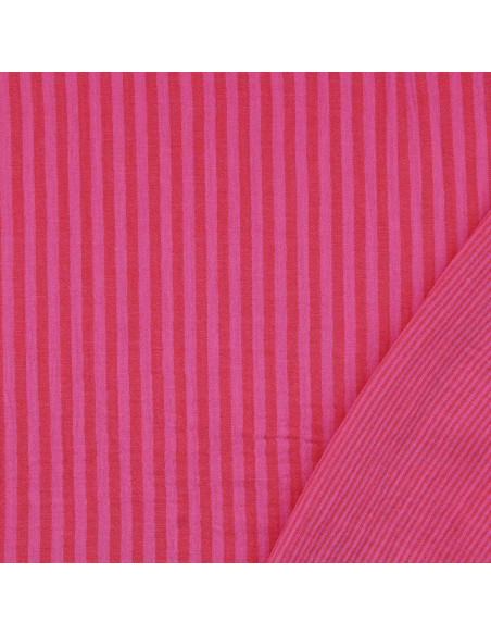 Crinkled double gauze fabric with stripes - Candy and hibiscus