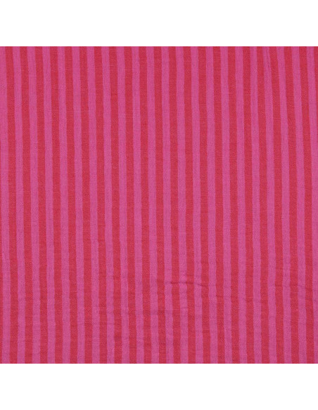 Crinkled double gauze fabric with stripes - Candy and hibiscus