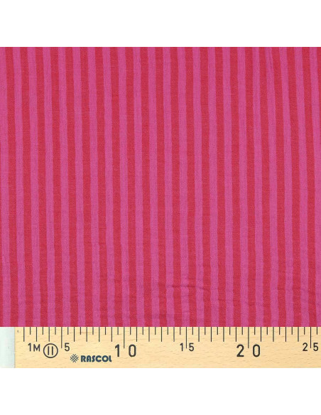 Crinkled double gauze fabric with stripes - Candy and hibiscus