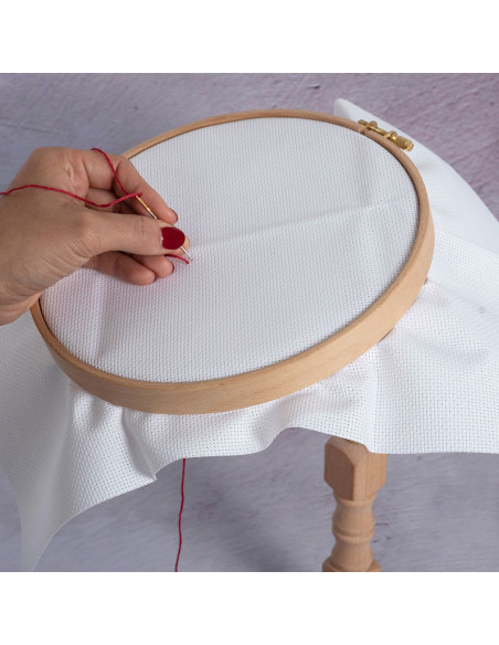 Under-thigh embroidery hoop with Milward embroidery ring