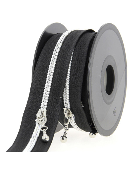 5-meter roll of 5 mm nylon zipper with round pulls - Black and silver