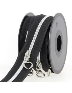 5-meter roll of 5 mm nylon zipper with heart pulls - Black and silver
