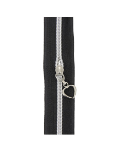 5-meter roll of 5 mm nylon zipper with heart pulls - Black and silver 2