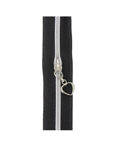 5-meter roll of 5 mm nylon zipper with heart pulls - Black and silver