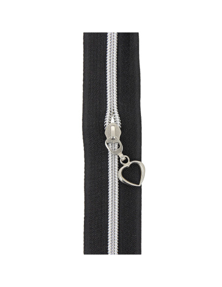 5-meter roll of 5 mm nylon zipper with heart pulls - Black and silver