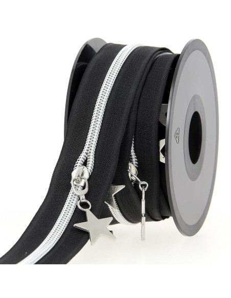 5-meter roll of 5 mm nylon zipper with star pulls - Black and silver