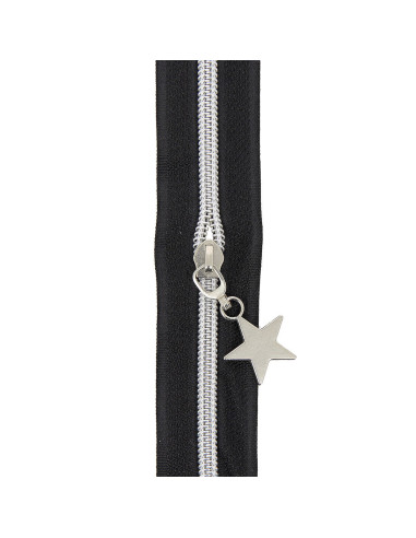5-meter roll of 5 mm nylon zipper with star pulls - Black and silver