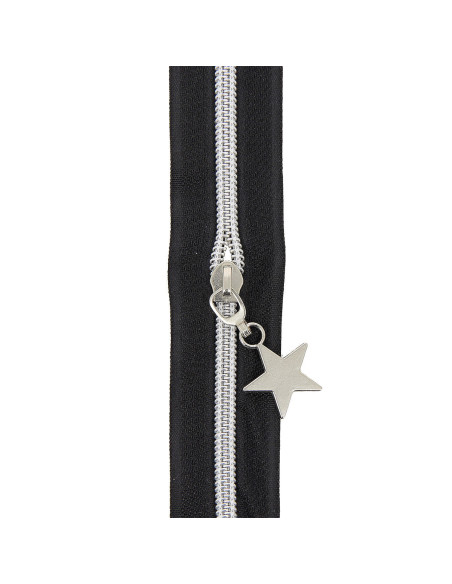 5-meter roll of 5 mm nylon zipper with star pulls - Black and silver