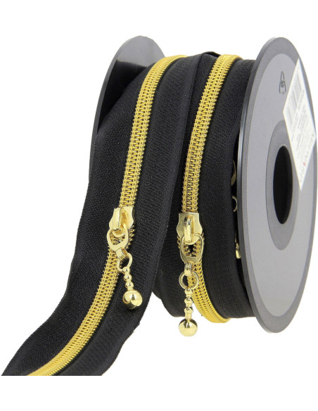 5-meter roll of 5 mm nylon zipper with round pulls - Black and gold