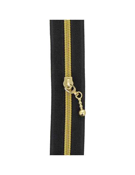 5-meter roll of 5 mm nylon zipper with round pulls - Black and gold