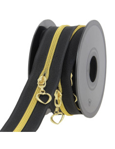 5-meter roll of 5 mm nylon zipper with heart pulls - Black and gold