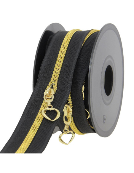 5-meter roll of 5 mm nylon zipper with heart pulls - Black and gold