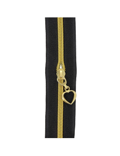 5-meter roll of 5 mm nylon zipper with heart pulls - Black and gold 2