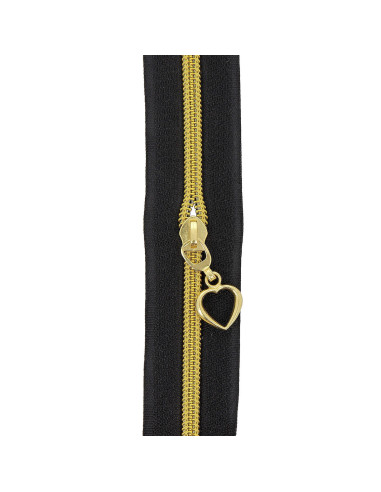 5-meter roll of 5 mm nylon zipper with heart pulls - Black and gold