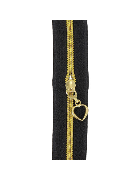 5-meter roll of 5 mm nylon zipper with heart pulls - Black and gold