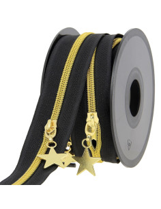 5-meter roll of 5 mm nylon zipper with star pulls - Black and gold