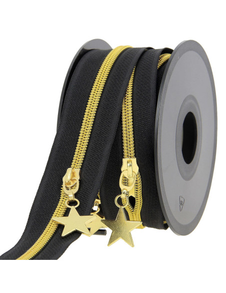 5-meter roll of 5 mm nylon zipper with star pulls - Black and gold