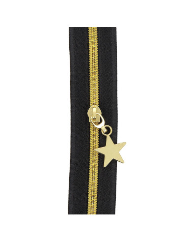 5-meter roll of 5 mm nylon zipper with star pulls - Black and gold