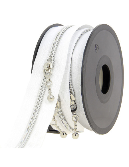 5-meter roll of 5 mm nylon zipper with round pulls - White and silver