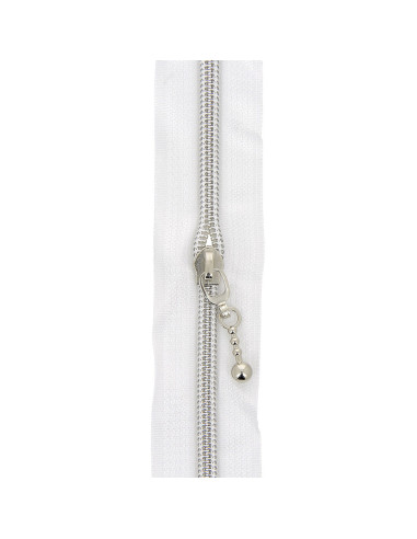 5-meter roll of 5 mm nylon zipper with round pulls - White and silver