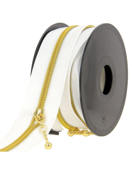 5-meter roll of 5 mm nylon zipper with round pulls - White and gold