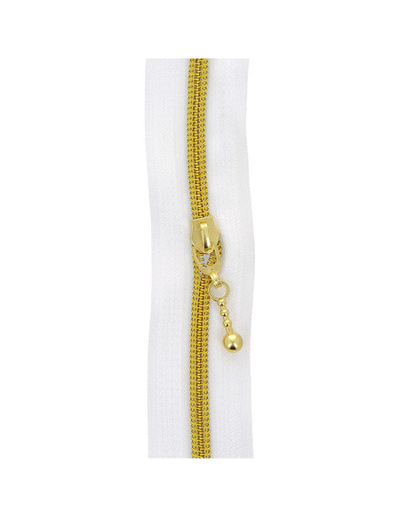 5-meter roll of 5 mm nylon zipper with round pulls - White and gold