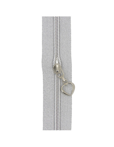 5-meter roll of 5 mm nylon zipper with heart pulls - Silver lurex