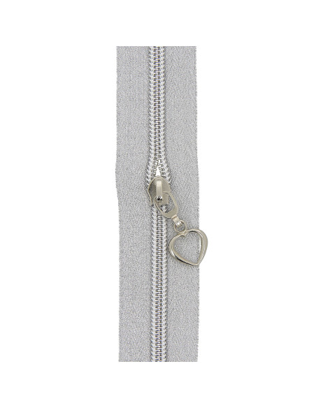 5-meter roll of 5 mm nylon zipper with heart pulls - Silver lurex