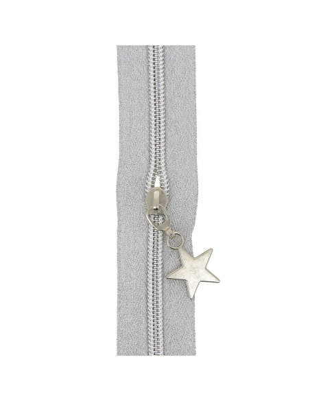 5-meter roll of 5 mm nylon zipper with star pulls - Silver lurex