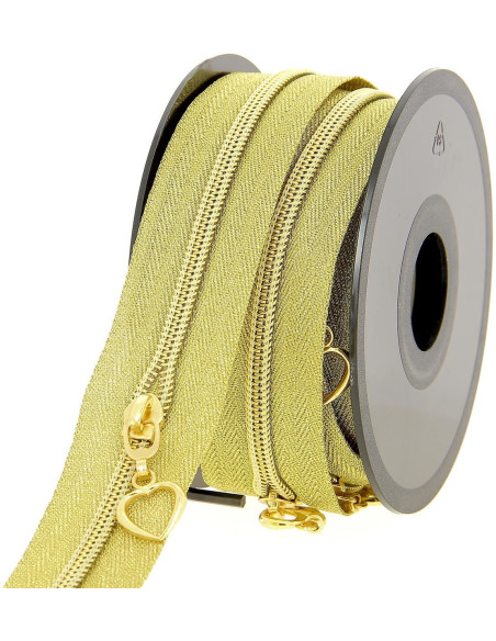 5-meter roll of 5 mm nylon zipper with heart pulls - Gold lurex