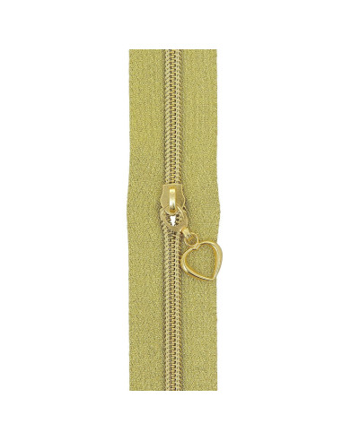 5-meter roll of 5 mm nylon zipper with heart pulls - Gold lurex