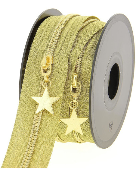 5-meter roll of 5 mm nylon zipper with star pulls - Gold lurex