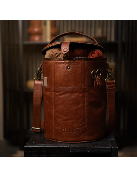 Muud Saturn XL Leather Storage Bag for Knitting - Rich Brown