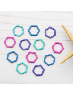 Set of 12 closed stitch markers - Colored hexagon