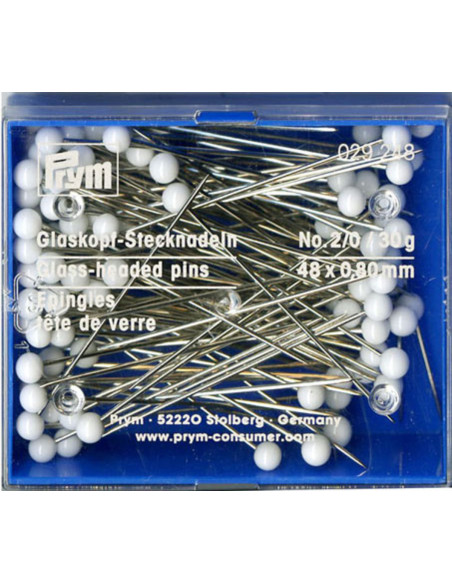Box of 30g extra-long white glass head pins Prym