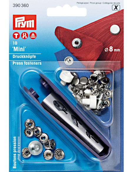 Box of 10 silver anorak snap buttons with 8 mm tool