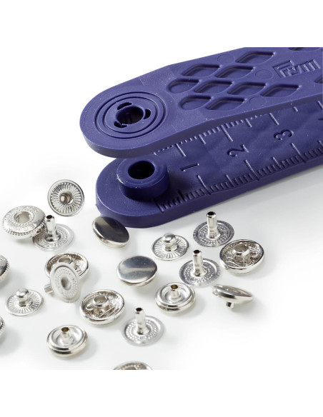 Box of 10 silver anorak snap buttons with 8 mm tool