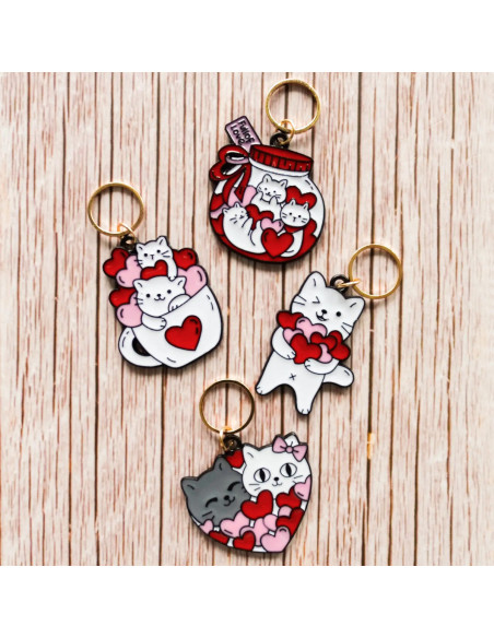 Set of 4 stitch marker rings - Heart Cats 3