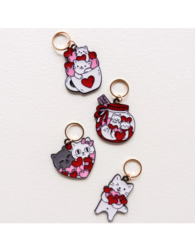 Set of 4 stitch marker rings - Heart Cats 3