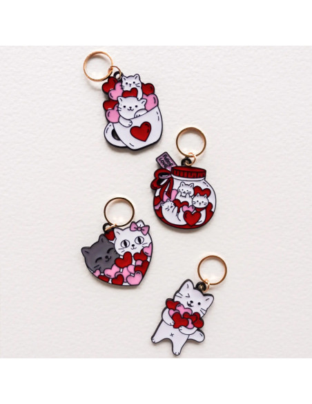 Set of 4 stitch marker rings - Heart Cats 3